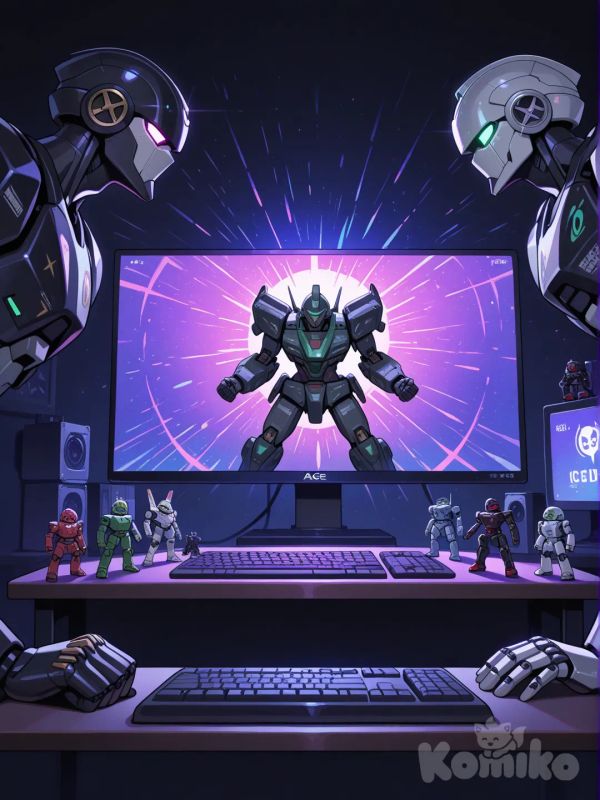 Certainly! Here is a description of the image in English:
🤖 Image Description
This is a close-up shot of a collection of complex action figures or models, likely from the Transformers or a similar mech/robot franchise, displayed in a dimly lit setting.
* The Figures: There appear to be about six to seven figures grouped together. They are highly stylized with sharp, mechanical details and bright colors. The most prominent figures include:
* A figure in the center foreground that is primarily military green/sage and grey, standing lower than the others.
* Several figures positioned slightly behind and above the center one, featuring striking color schemes like red and black, yellow and black, and grey/white and blue. They have large, spiky details on their heads and shoulders, giving them an aggressive or heroic appearance.
* A figure on the far right that is predominantly black and dark grey.
* The Background: The figures are positioned directly in front of a computer or TV screen which is displaying a vibrant, abstract pattern of light rays and colors, possibly from a video game or a stylized graphic. The bright screen creates a dramatic, high-contrast effect with the dark figures.
* The Foreground/Setting: The very bottom of the image shows a dark surface with a subtle glow of pink/purple light coming from a device, which looks like a gaming mouse (a Logitech G mouse is partially visible on the bottom right) or keyboard, suggesting the display is on a gaming desk.
Overall, the picture captures a cool, intense display of collectible robot figures set against a dramatic, glowing backdrop.
Would you like me to identify any of these specific figures or translate this description into Vietnamese?