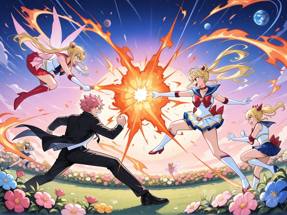 fairy tail, lucy heartfilia, natsu dragneel, happy (fairy tail), flower, garden, fire attack, univere star, fighting, queen beryl (sailor moon), kunzite (sailor moon), tuxedo mask (sailor moon), full body, planet