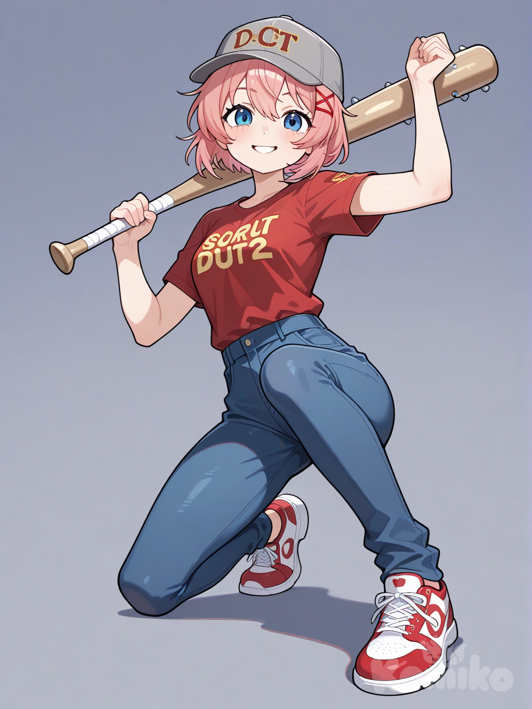 sayori (doki doki literature club) cosplay scout tf2, sayori (doki doki literature club), cherry red shirt, grey hat, baseball