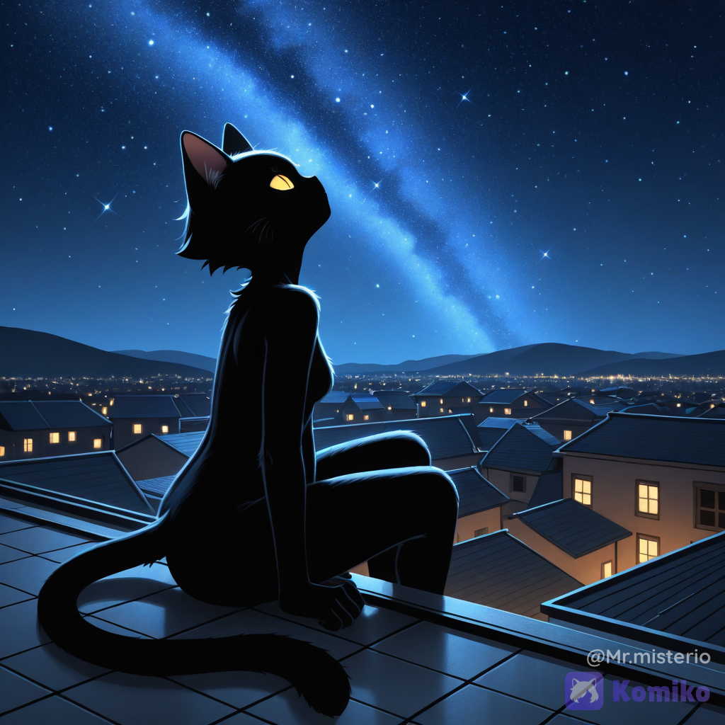 Furry black cat watching the brilliant night.