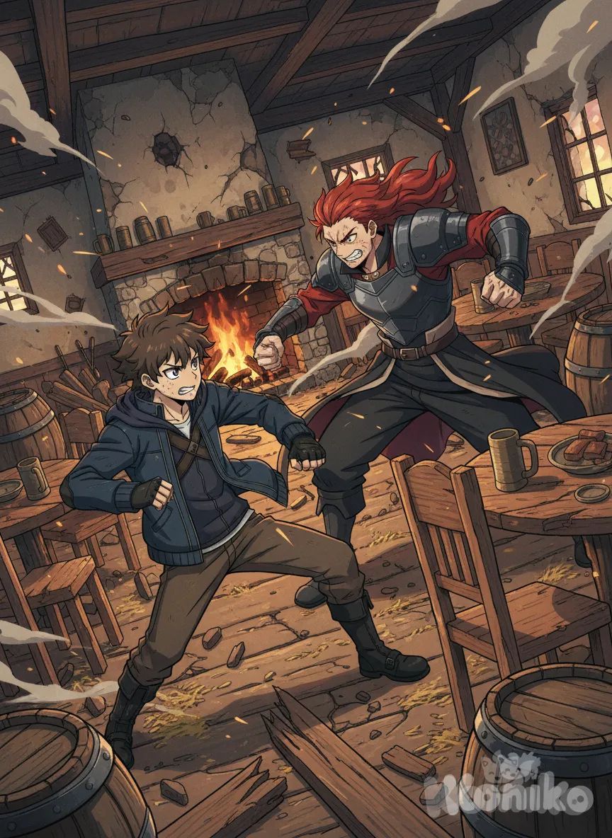 Amidst the wreckage of a medieval tavern, a fierce battle erupts between <kazuto-dans-le-monde-RiaL> and <reiji-Rz6p>, showcasing their contrasting fighting styles and sheer determination. The dynamic action and intense expressions highlight the anime screencaps thick outline, capturing the essence of their struggle.