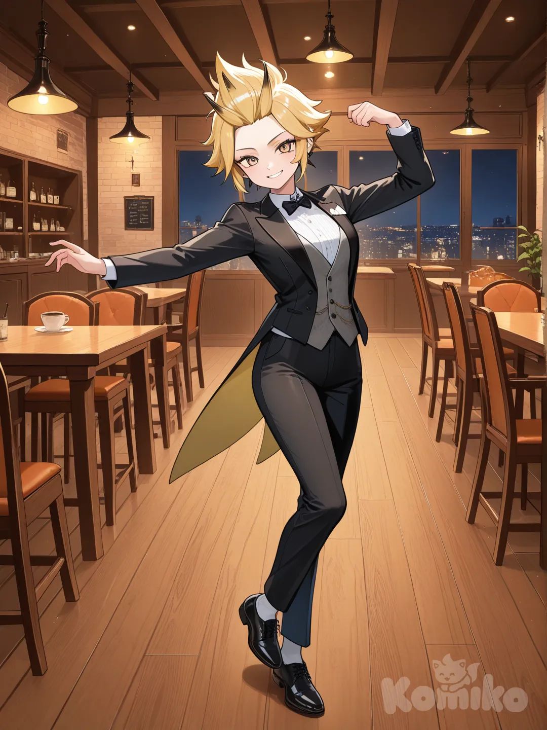 cafe, spiky hair, blonde hair, tuxedo, dancing, 1girl