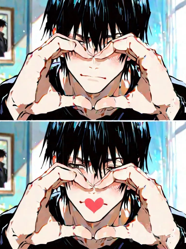 1boy, ethereal fantasy style, highly anime art, heart hands, blush, Fushiguro Touji, comics