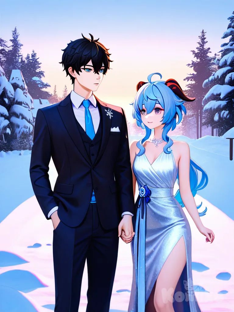 2people, gathering together, evening dress, suit, 1boy, 1girl, 2people, semi realistic , snowy