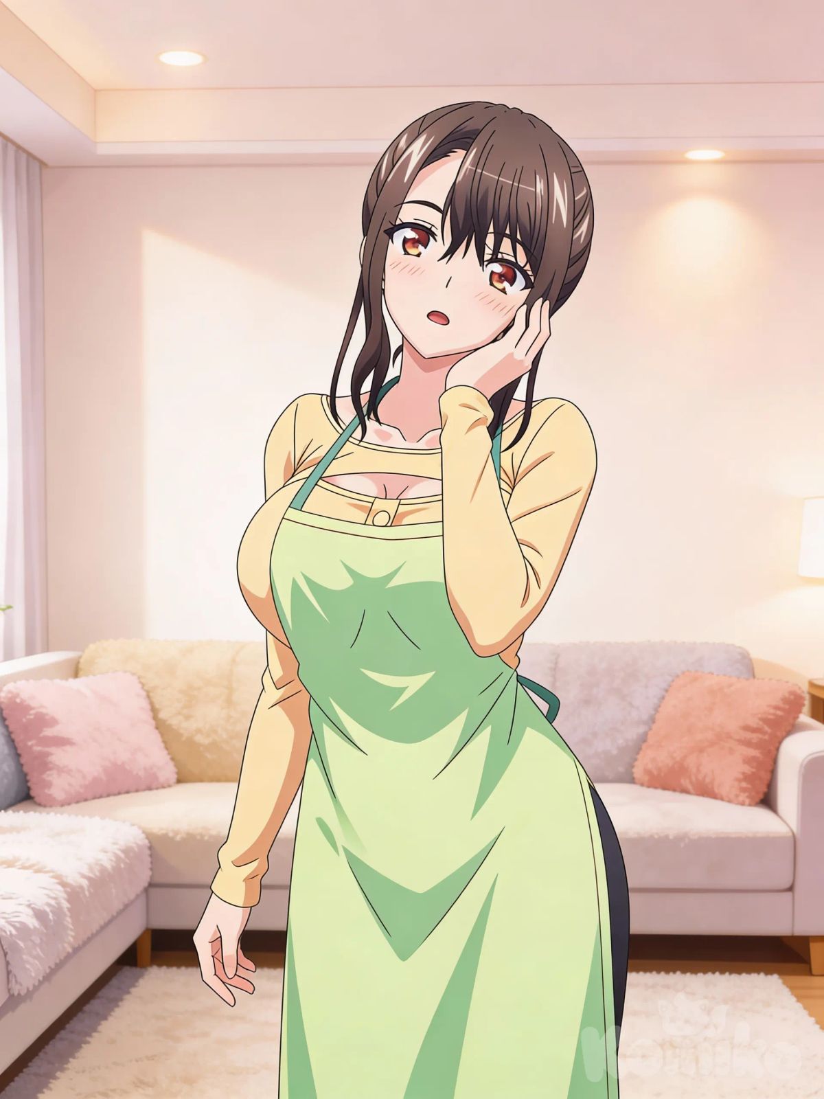 head tilt, full body, living room, standing up, eye open, blushing cheeks, one hand on cheek