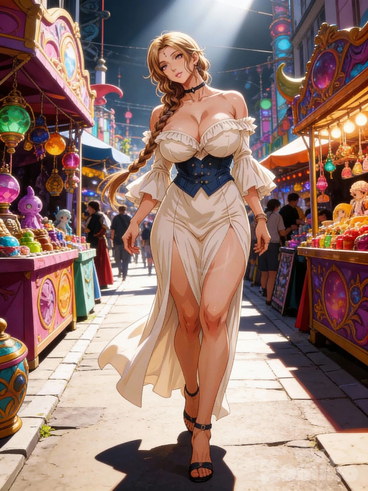 1girl, head tilt, walking on road, stalls of sellers, fantasy setting, daylight, full body, top light