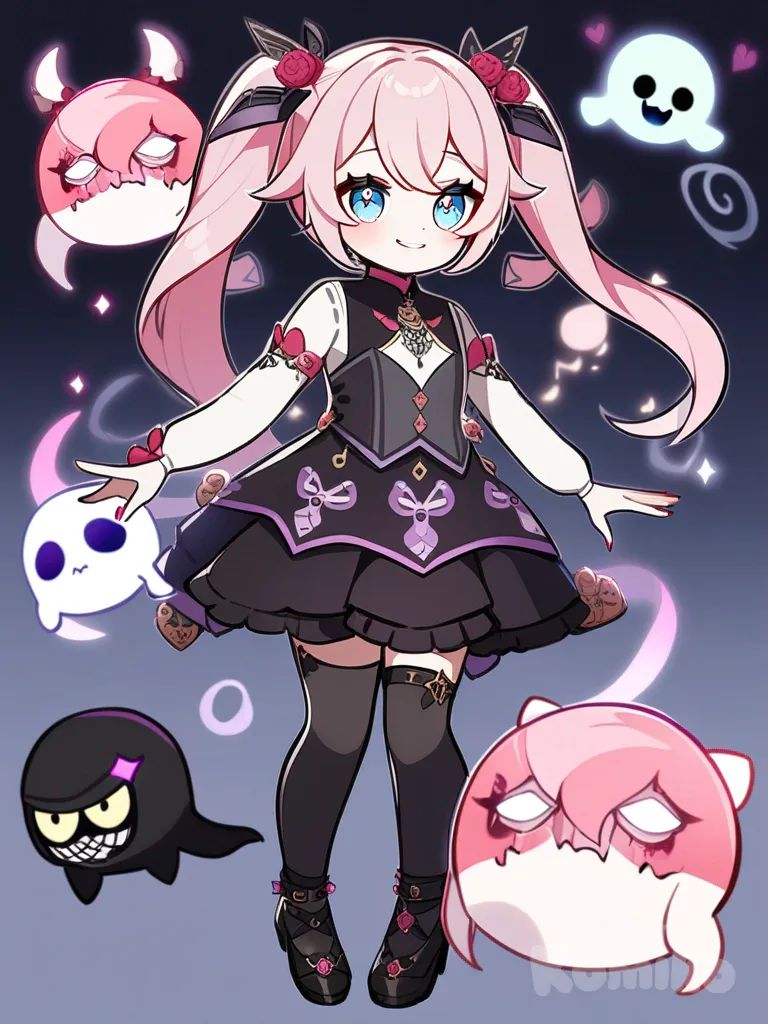 1girl, long flowing pink hair, twintails, bright blue eyes, playful posture, intricate design, unique outfit, mischievous smile, cute, baddie, vocaloid, vtuber, villain, adorable, yandere, goth, creepy, ghost, Genshin Impact style, original character in the world of Genshin Impact, single character, full body, looking at viewer, anime style, simple background, white background