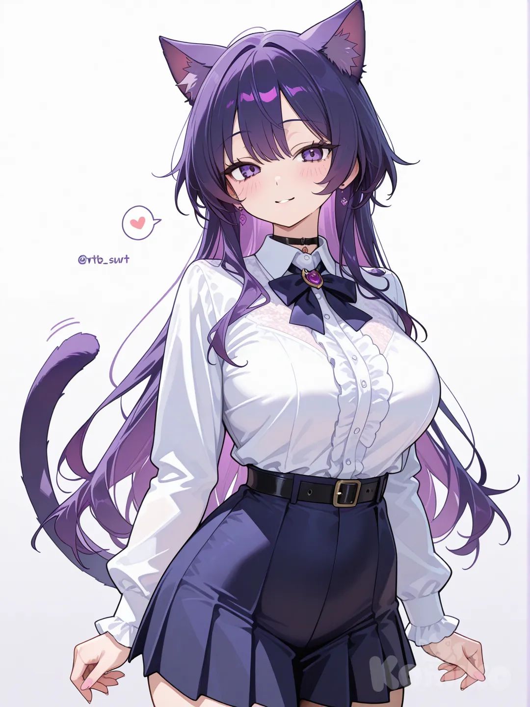 Chica de pelo morado, orejas y cola de gato, con falda y top, mostrando sus pechos y vagians, curvas delicadas y hermosas, ojos morados