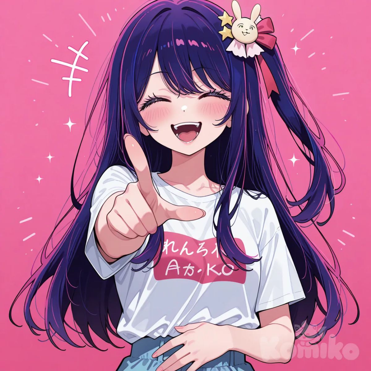 @Hoshino_Ai_(Oshi_No_Ko), T- Shirt , laughing , closed eyes, point to the audience by one hand , the other hand holding the stomach