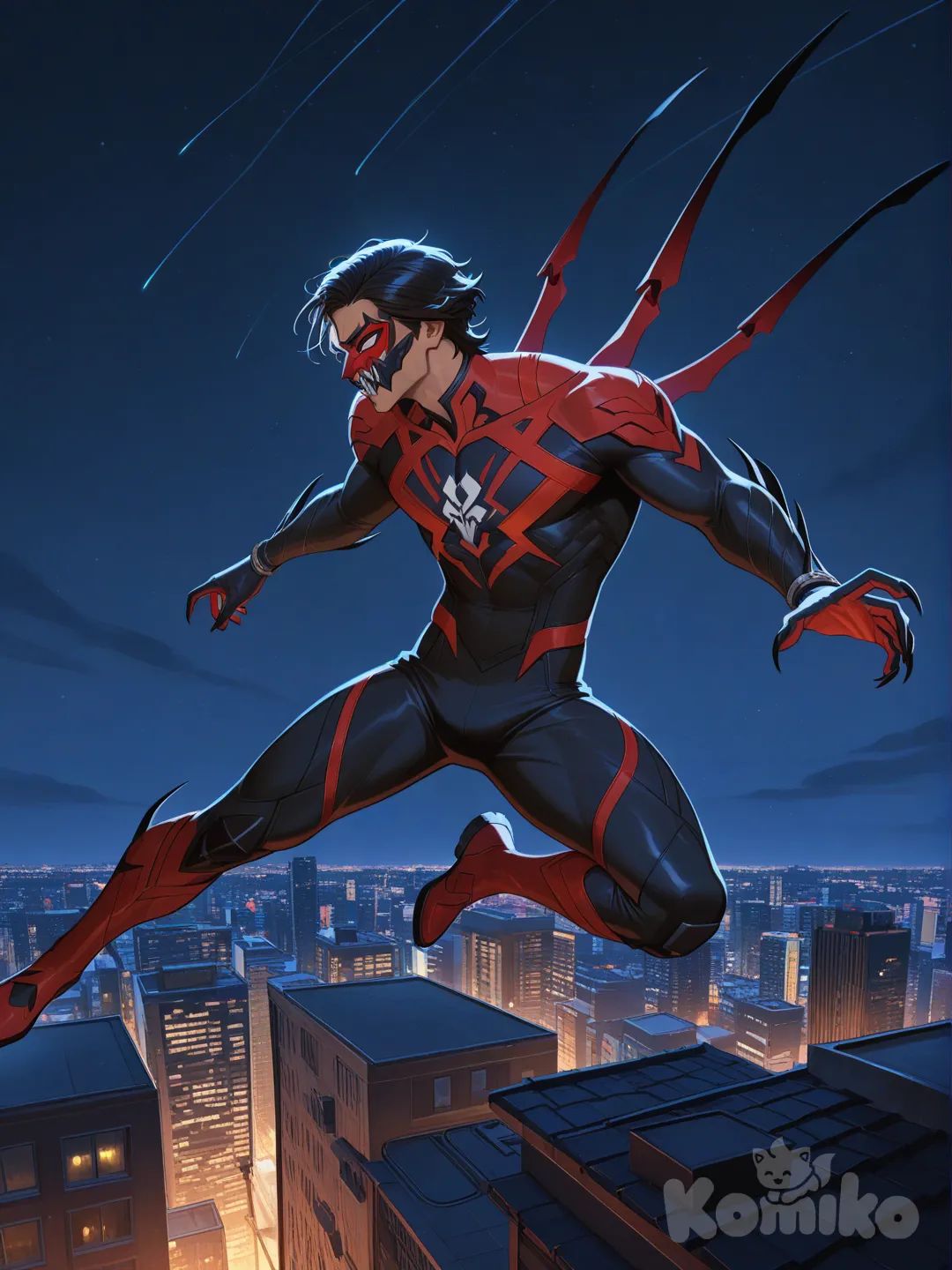 @Miguel_O'Hara, jumping from rooftop, suit, cityscape