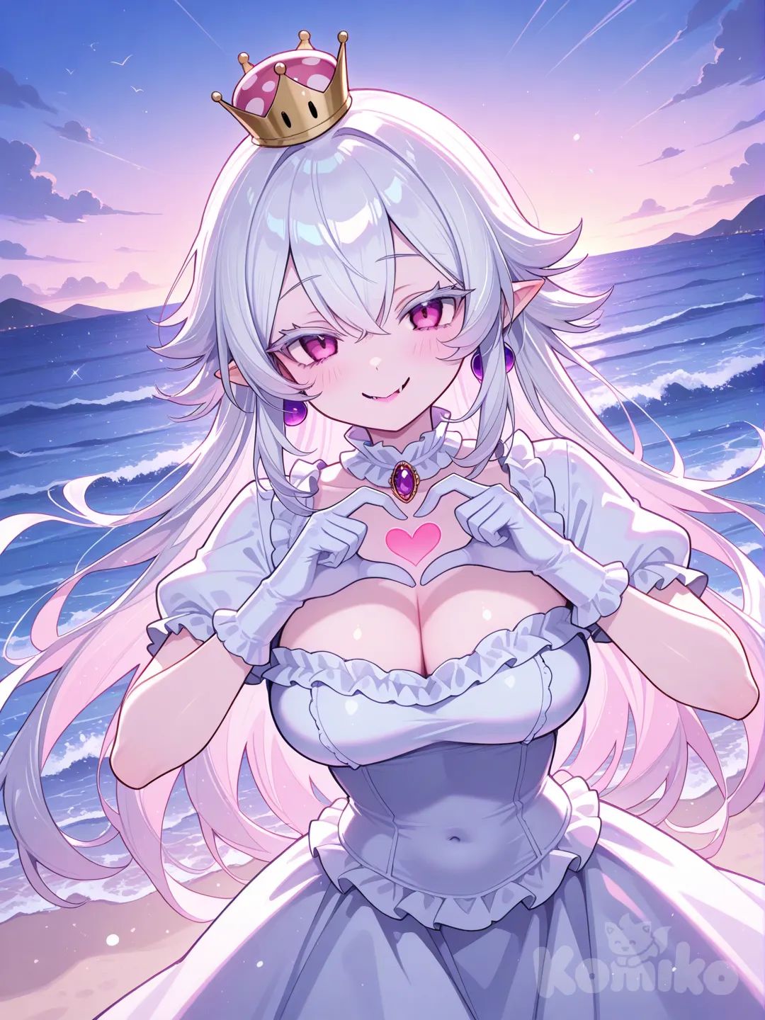 @Princess_King_Boo, smile, heart hands, ocean