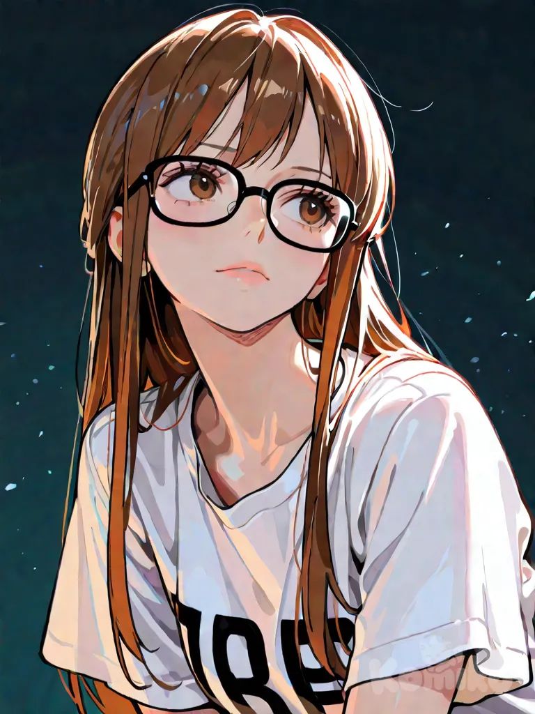 <liza-v1ij>, 1girl, One Piece style, original character in the world of One Piece, teenager, slim, brown hair, straight hair, long hair, brown eyes, fair skin, t-shirt, glasses