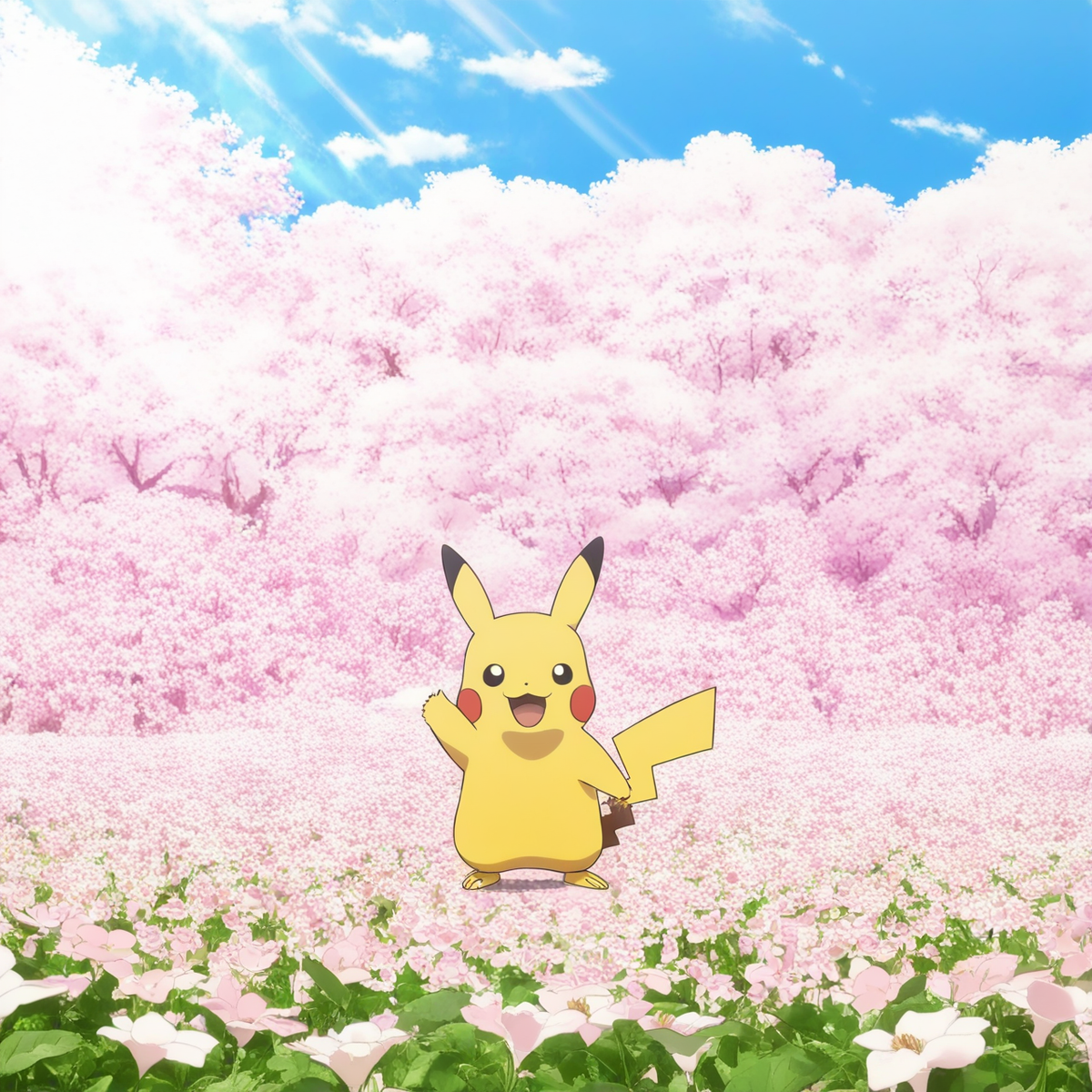 Pikachu in a Cherry Blossom Forest