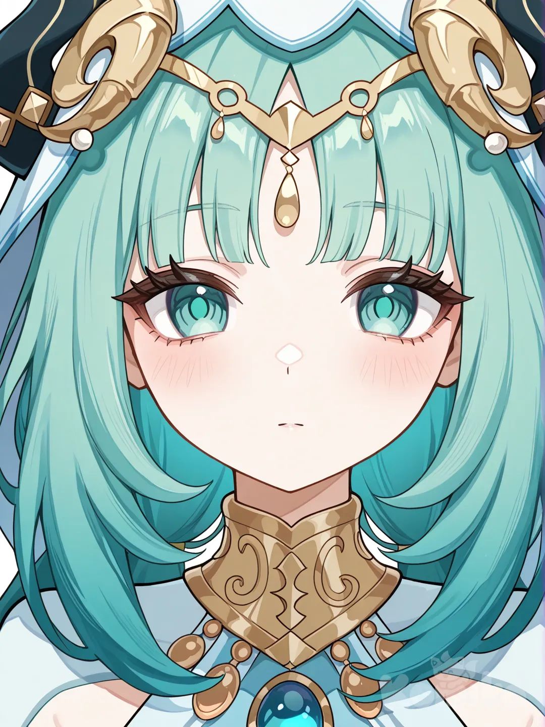 @Nilou_(Genshin_Impact) make her have long aqua green fading to light mint hair and mint eyes
