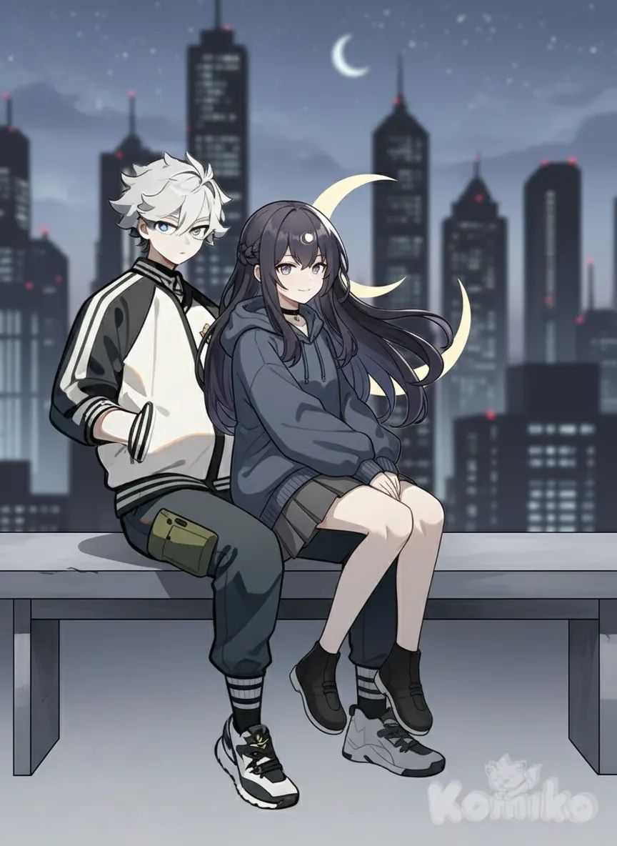<nyx-nightmare-nemistar-8l3C>, <phantom-spirt-kurayama-GJM5>, Genshin Impact, black and white manga style,

Nyx purple-black long hair, a small strand on either side of her head is a braid.
 Nyx sitting on lap, Nyx wearing hoodie, Nyx wearing pleated skirt, Nyx wearing choker, 

Phantom has silver hair.
Phantom wearing varsity jacket, Phantom wearing casual pants, 

Cold colours for clothes colour scheme.

, full body, blurred background, twilight, skyscraper