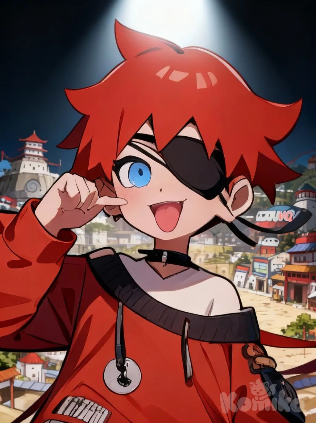 <mimiko-52Vn>, smirk, face pinching, shows tongue , headshot, closeup, top light, konoha village