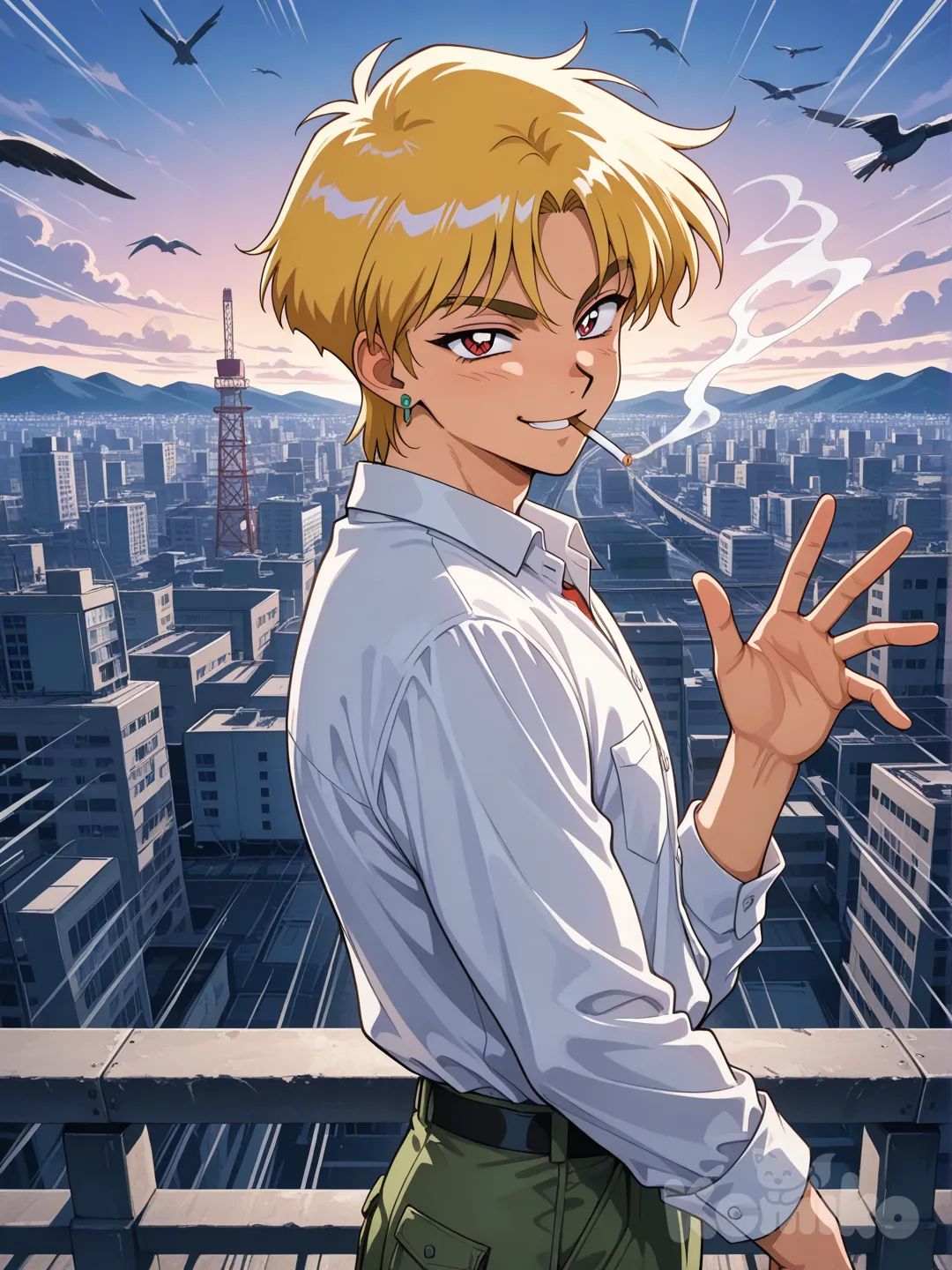 hyper image, great great detail, high detail throughout, 90s anime aesthetic, 1 man, alone, eikichi_onizuka, shirt with sleeves, long sleeves, cargo pants, (short yellow hair), ear piercing, athletic body, eyes, face, limbs, hands, the man is on top of a bridge smoking, greeting the public with a smile and a cigarette, BREAK, in the background, (buildings: 1,2), (clouds), mountains, lines of action, pure passion, signal tower, five vanishing points, rivers, birds