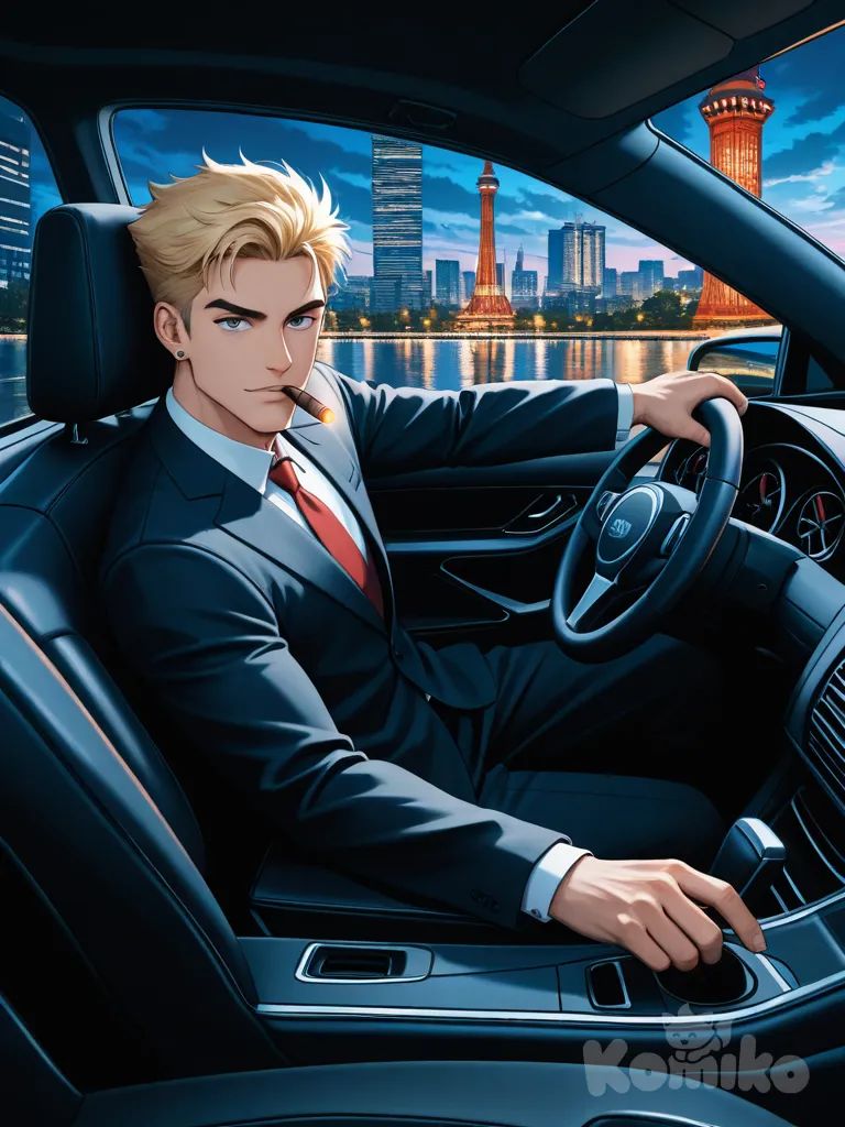 Hyper image, great great detail, high level of detail at all times, landscape, cinematic scene, dynamic angle, shot, 90s anime aesthetic, 1 man, (alone), eikichi_onizuka, elegant black suit with red tie, elegant black pants, (short yellow hair), ear piercing, (athletic body: 1.3), eyes, face, limbs, hands, (onizuka is inside a lamvoryini when driving it: 1.5), (black lamvoryini: 1.4), lamvoryini, he smokes a cigar while driving, looks at the public with a daring smile, cigar in his mouth, cigar smoke, BREAK, in the background, (buildings: 1.5), (clouds), streets, shops, trees, skyscrapers, lines of action, pure passion, signal tower, (a left side vanishing point)