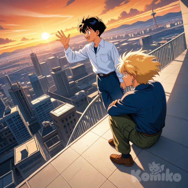 hyperimage, great detail, high level of detail throughout, 90s anime aesthetic, 1 man, alone, eikichi_onizuka, shirt with sleeves, long sleeves, cargo pants, (short yellow hair), ear piercing, athletic body, eyes, face, limbs, hands, the man is on top of a school smoking, watching the sunset, break, a young boy, blue student uniform, the student has black hair in a spiky style, and brown shoes, smiling face, the student is far from the man waving to the teacher, raising his arm in the air to greet him, PAUSE, in the background, (buildings: 1,2), (clouds), mountains, lines of action, pure passion, signal tower, two vanishing points, rivers