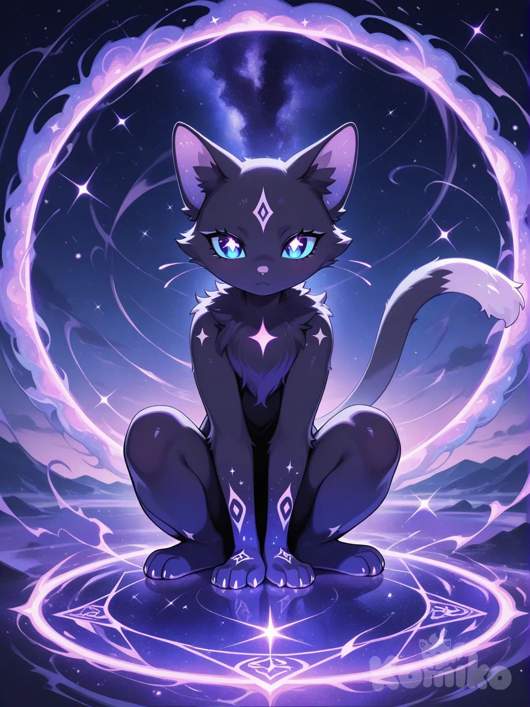 A magical black cat sitting gracefully in the center of a glowing “WishWirl” circle, surrounded by swirling stardust and luminous ribbons of magic in purple, blue, and gold. The cat’s big anime-style eyes shimmer like galaxies, full of mystery and warmth. Soft glowing runes float around it as sparkles drift through the air. Gentle moonlight shines from above, highlighting its sleek fur with silver and violet reflections. The background is dreamy and slightly blurred — cosmic clouds, faint stars, and a touch of ethereal mist — leaving open space at the bottom for the Play button. Art style: anime fantasy illustration, soft painterly lighting, rich colors, highly game splash screen aesthetic.