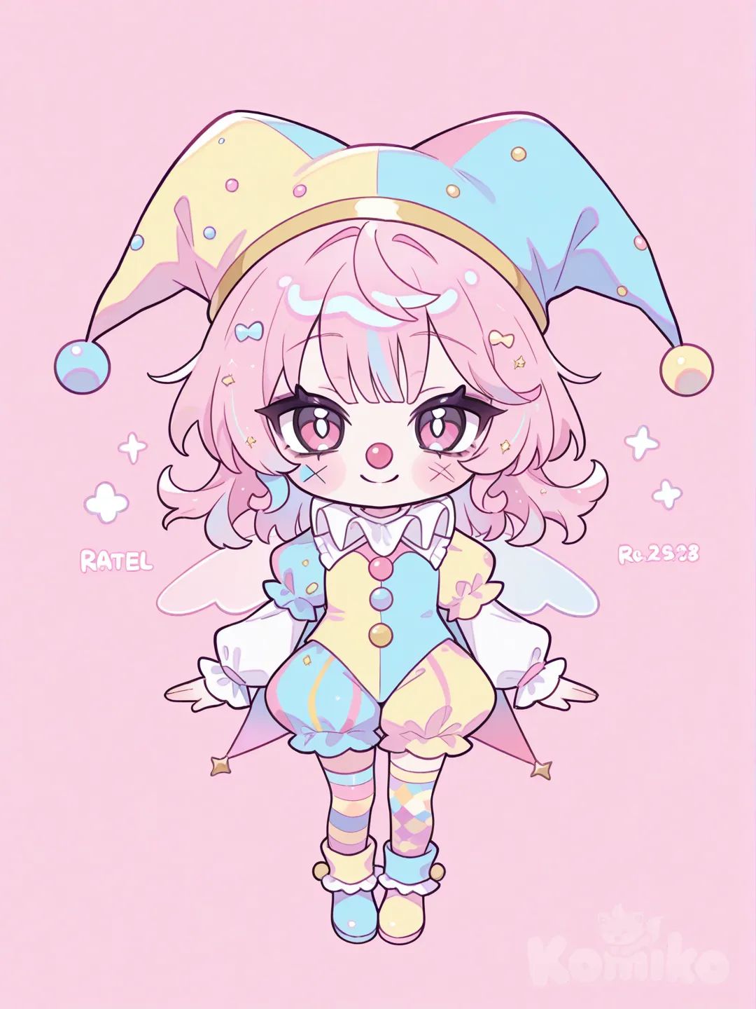 make a cute chibi pastel jester, blue yellow jester hat, pastel pink hair, clown nose