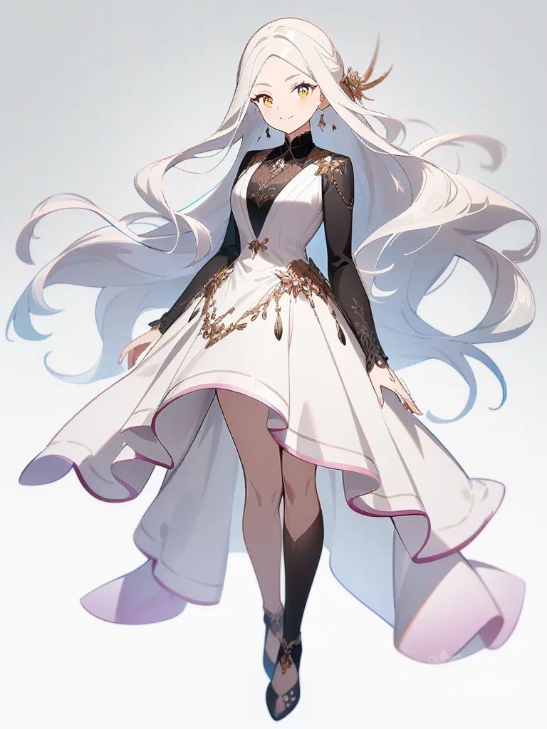 1girl, long flowing hair, sparkling eyes, slim figure, elegant attire, gentle smile, intricate jewelry, graceful posture, soft voice, vibrant aura, single character, full body, looking at viewer, anime style, simple background, white background
