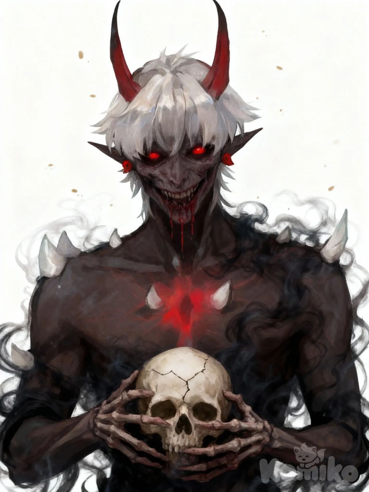 1000002499 a terrible face, Eyes glowing red, Face in a bloody smile, Body shrouded in smoke, A skull In his hands