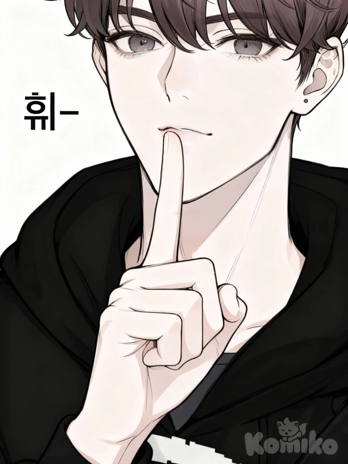 right hand with index finger pressed vertically to the center of the lips in a shushing gesture, other fingers gently curled, Korean character "쉿-" in the upper left, minimalist, clean line art, high detail., 1000002489