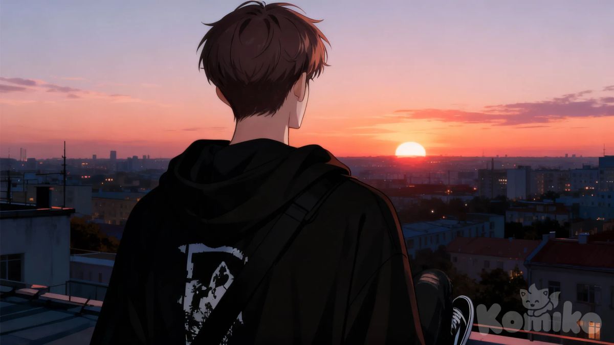 1000002723, The character is standing on the roof, upper body, he has his back to the viewer, the back of his head, he is watching the sunset, the city is evening. The atmosphere of a calm sunset