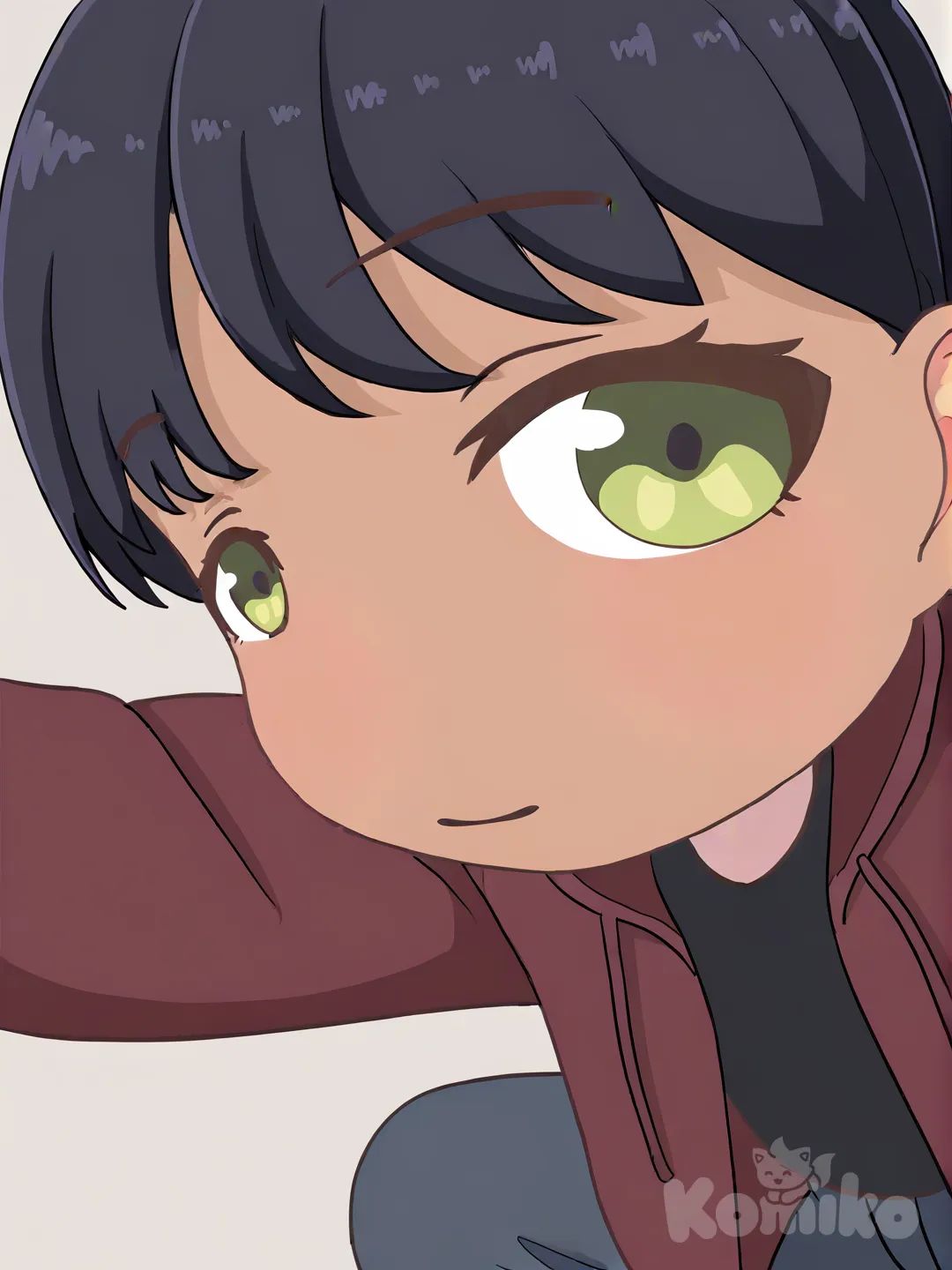 1boy, selfie, smirk , Black shirt, burgundy hoodie with open hood, plain clothes, black cargo pants, black military boots, short black hair, straight and wavy, portrait, looking at viewer, clean background, green eyes, brown skin, kawaii, blush, [close-look-style]