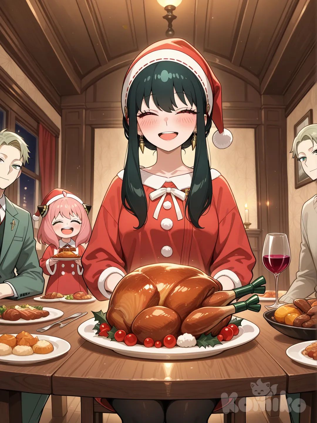 @Anya_(Spy_X_Family), @Yor_Briar, @Twilight_(Spy_X_Family) celebrando en una cena navideña.