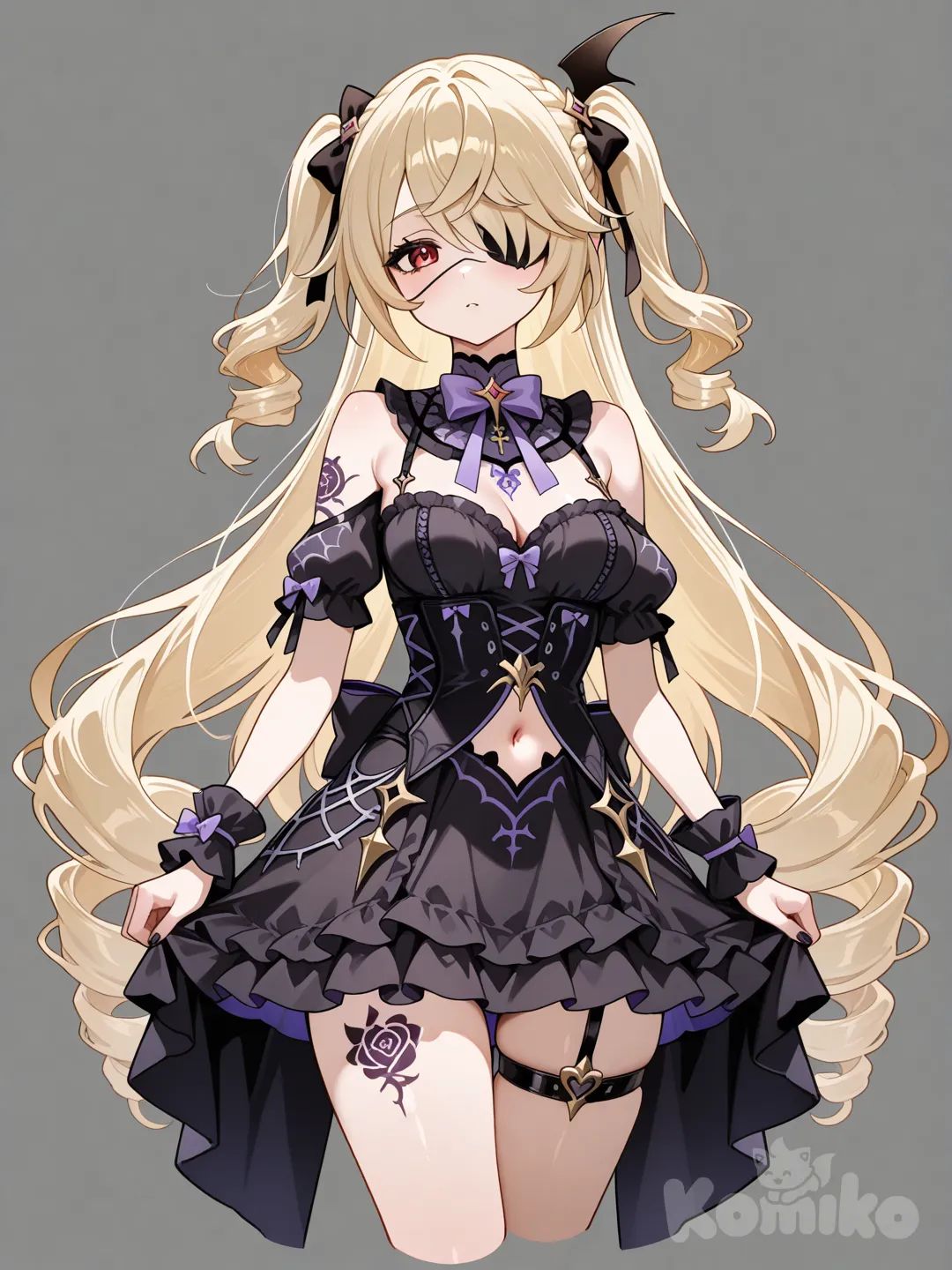 stomach_cutout, tattoo, bow, breasts, clothing_cutout, pointy_ears, red_eyes, 1girl, hair_bow, looking_at_viewer, cleavage, long_hair, solo, frills, navel, navel_cutout, wrist_cuffs, very_long_hair, braid, drill_hair, medium_breasts, bare_shoulders, cropped_legs, blonde_hair, thigh_strap, Fischl (Genshin Impact)