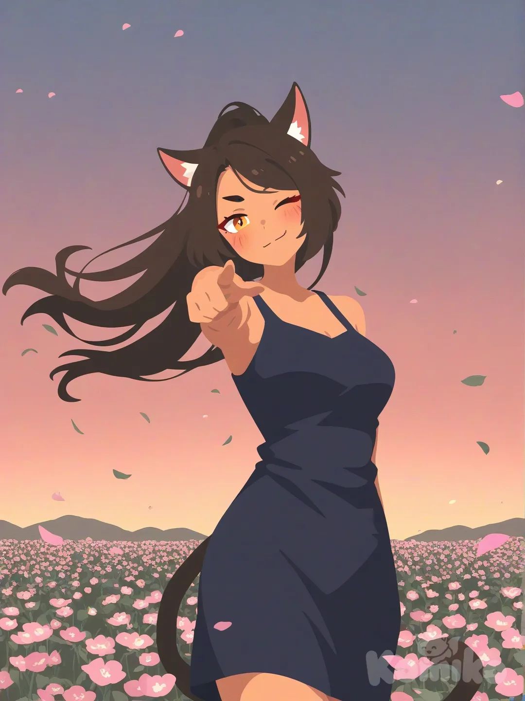 @Nidalee , [flat-illustration-style], pointing at viewer, head tilt, one eye closed, smirk, blush, vest, evening dress, cat ears, ultra-wide shot, cinematic lighting, day, flower field, leaves falling
