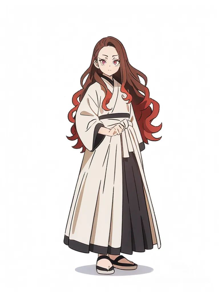 1girl, original character in the world of Demon Slayer, Demon Slayer style, teenager, short, slim, long hair, wavy hair, brown hair, red hair, red eyes, dimple, anime coloring, single character, full body, looking at viewer, anime style, simple background, white background