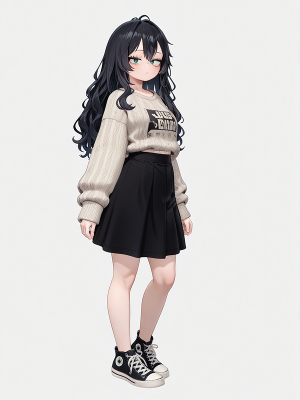 [3d-anime-style] 1girl, my_hero_academia_(style), original_character, teenager, mature, short, petite, slim, black_hair, wavy_hair, long_hair, green_eyes, blue_eyes, dimples, pale_skin, oversized_hazel_sweater, short_black_skirt, converse_shoes, solo, full_body, looking_at_viewer, simple_background, white_background