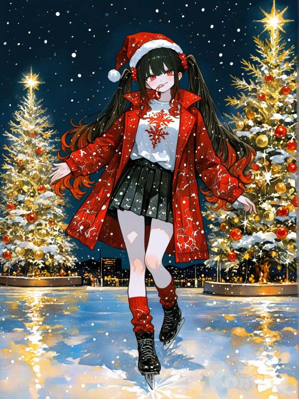 3d, [sweet-painting-style], @niku-saki-rAcL, nighttime, Christmas trees, christmas light, christmas outfit, long hair, thick hair,Christmas, winter, snowing, santa hat, candy cane in mouth, warm smile, soft smile, 1girl, happy, Christmas time, December, Christmas trees in the backround, ice skating
