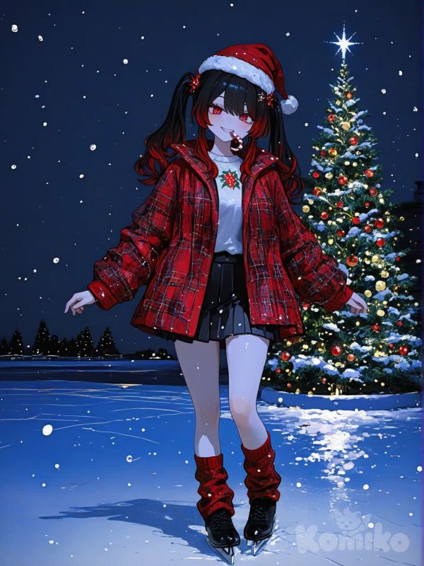 3d, [sweet-painting-style], @niku-saki-rAcL, nighttime, Christmas trees, christmas light, christmas outfit, long hair, thick hair,Christmas, winter, snowing, santa hat, candy cane in mouth, warm smile, soft smile, 1girl, happy, Christmas time, December, Christmas trees in the backround, ice skating