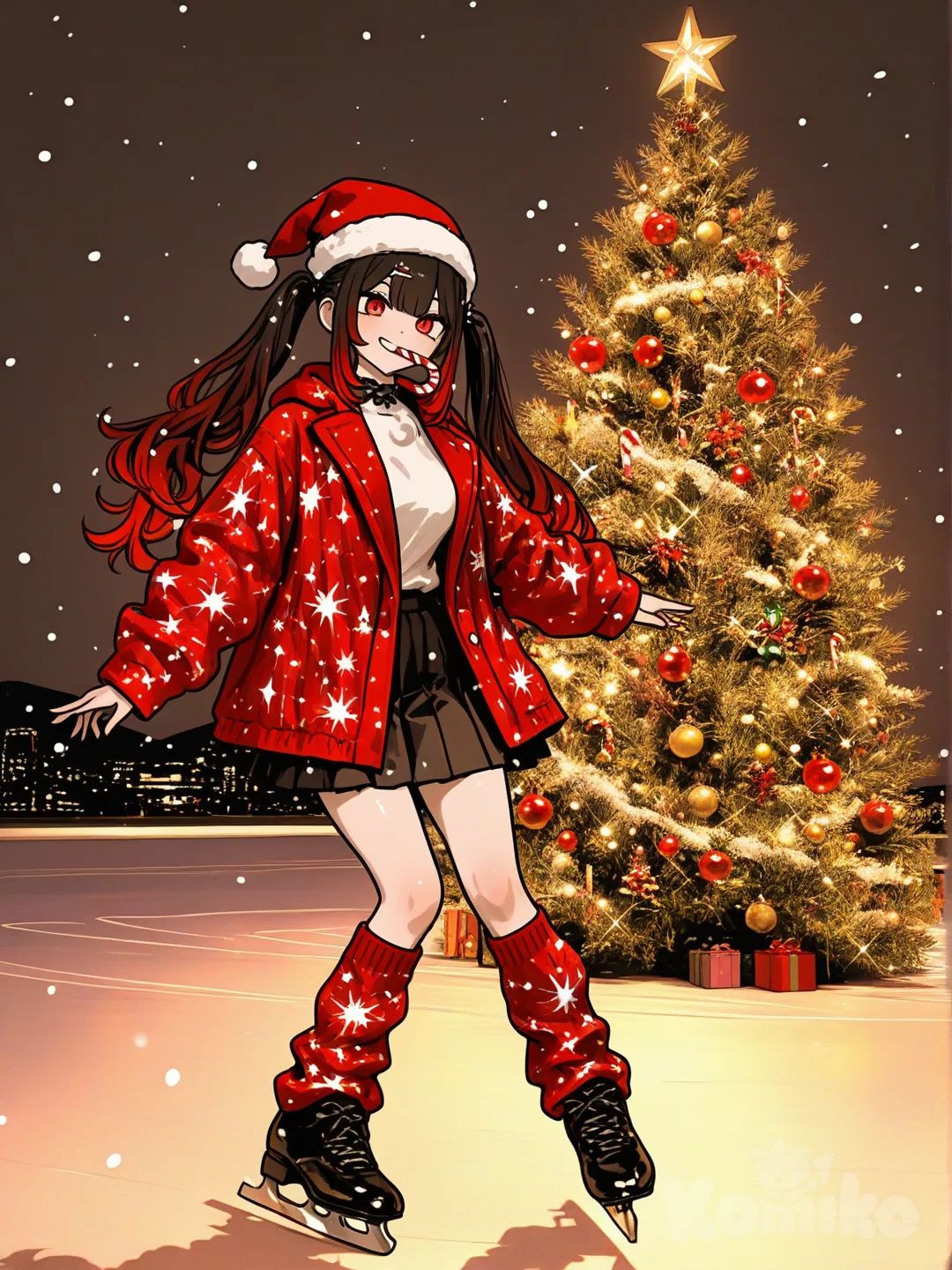 3d, [sweet-painting-style], nighttime, Christmas trees, christmas light, christmas outfit, long hair, thick hair,Christmas, winter, snowing, santa hat, candy cane in mouth, warm smile, soft smile, 1girl, happy, Christmas time, December, Christmas trees in the backround, ice skating, long black hair,red eyes, @niku-saki-rAcL, christmas lights