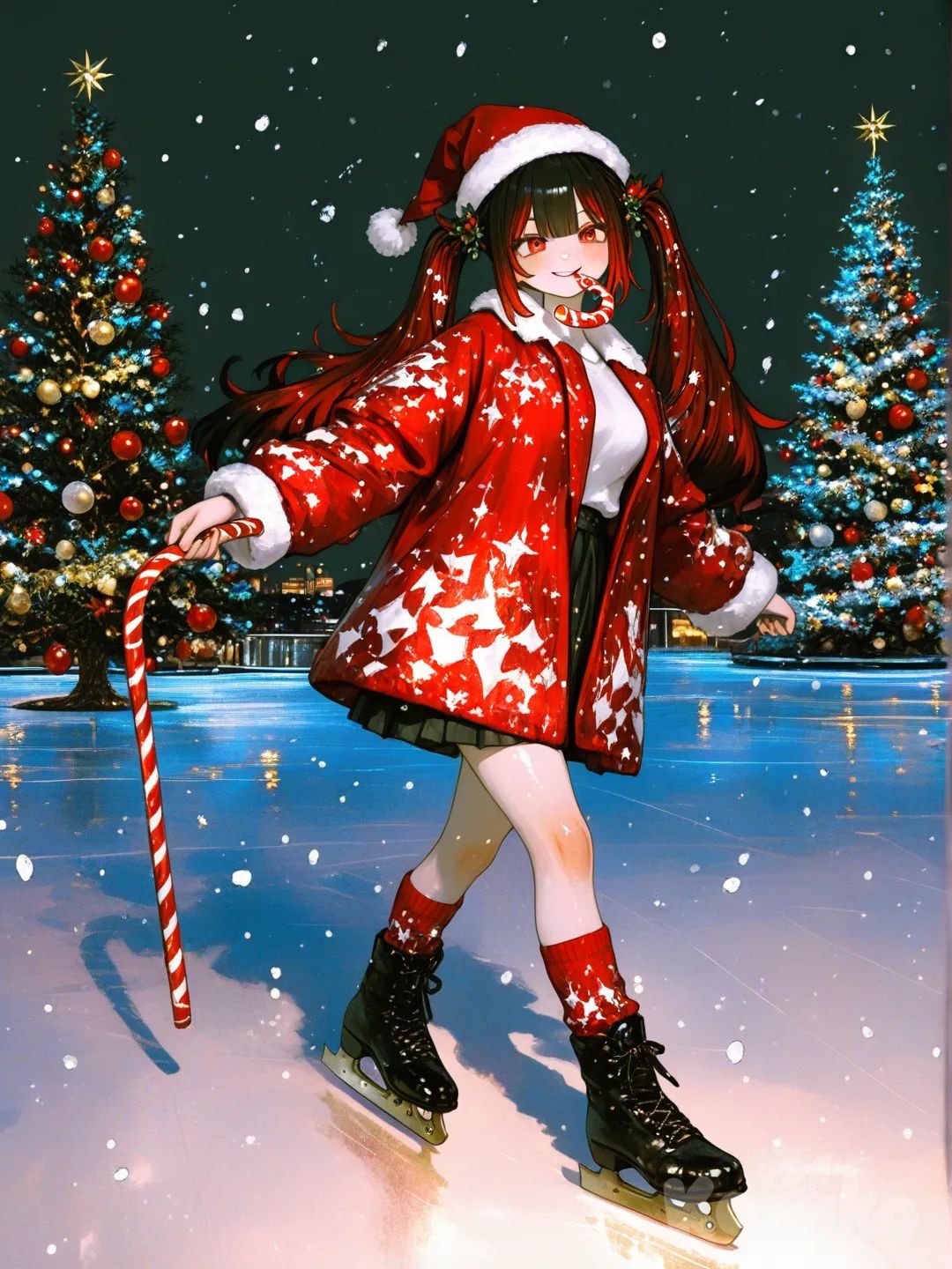 3d, [sweet-painting-style], nighttime, Christmas trees, christmas light, christmas outfit, long hair, thick hair,Christmas, winter, snowing, santa hat, candy cane in mouth, warm smile, soft smile, 1girl, happy, Christmas time, December, Christmas trees in the backround, ice skating, long black hair,red eyes, @niku-saki-rAcL, christmas lights