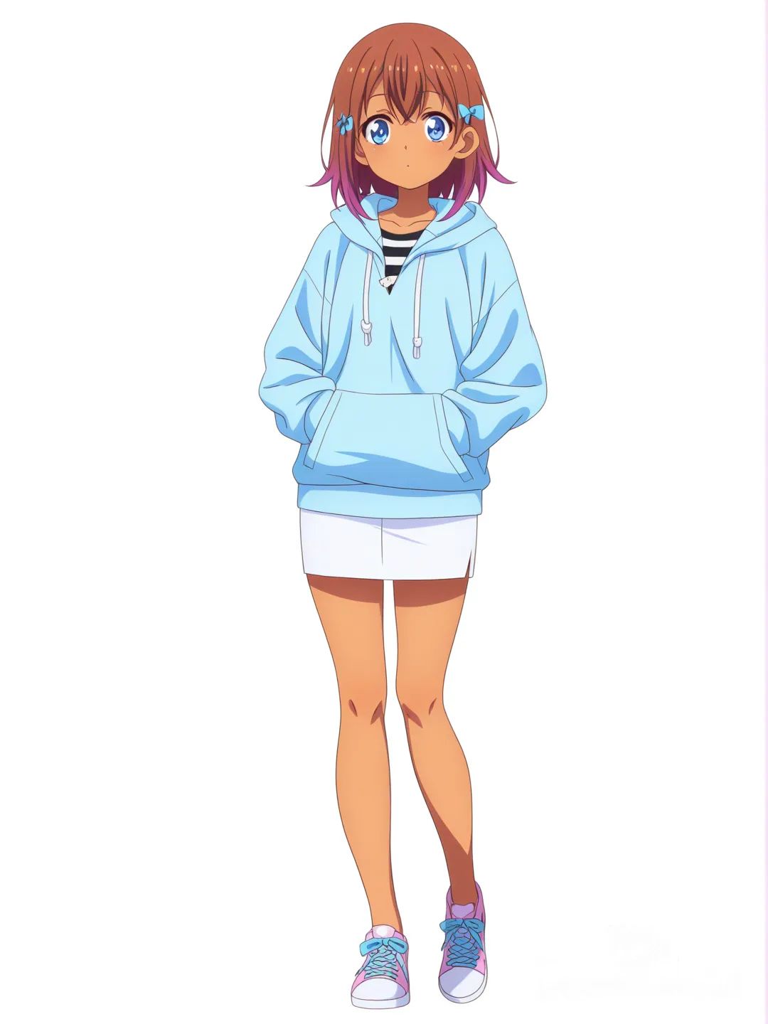 [pop-anime-style] 1girl, pastel_colors, teenager, tall, brown_hair, blue_eyes, tan_skin, pencil_skirt, little_black_dress, lace, bow, hoodie, striped_shirt, single_character, full_body, looking_at_viewer, anime_style, simple_background, white_background
