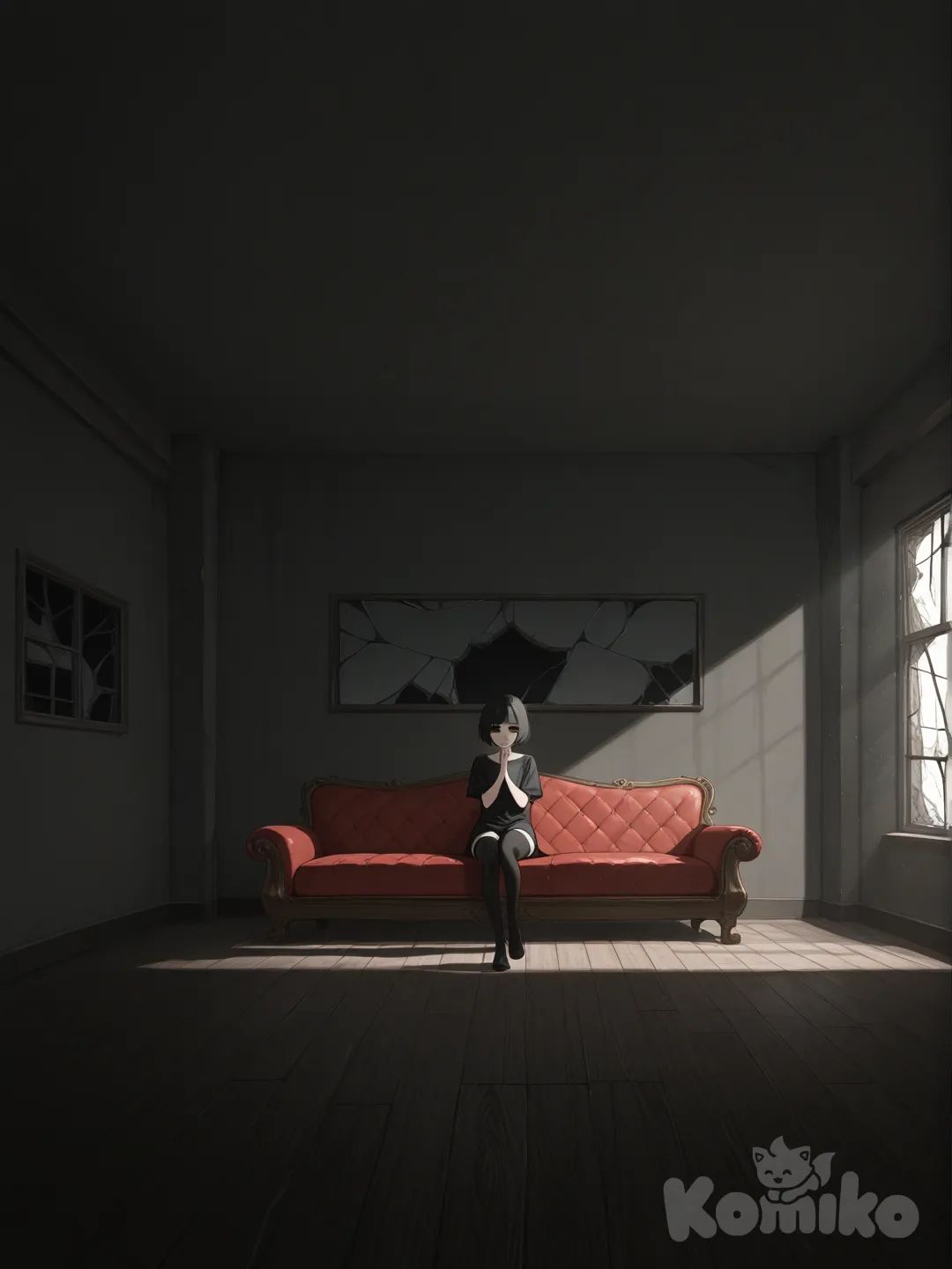 walking, on couch, praying, hard pillow,rough couch, broken window, short hair,black thighhighs, black eyeshadow, black eyes