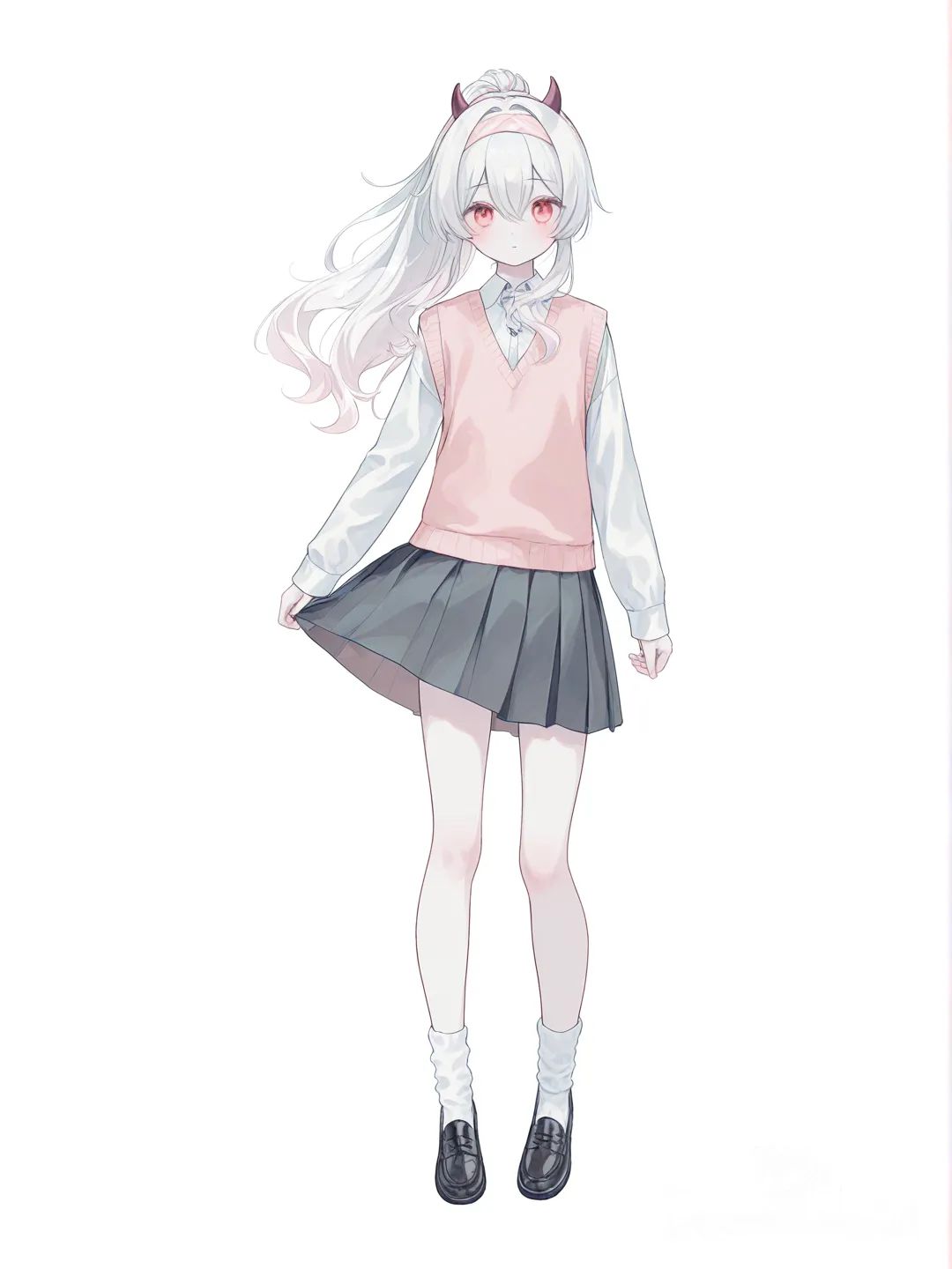 [soft-pastel-style] 1girl, genshin_impact style, short, teenager, white_hair, ponytail, long_hair, red_eyes, dimple, pale_skin, knitted_vest, pleated_skirt, headband, demon_horns, single character, full body, looking at viewer, anime style, simple background, white background