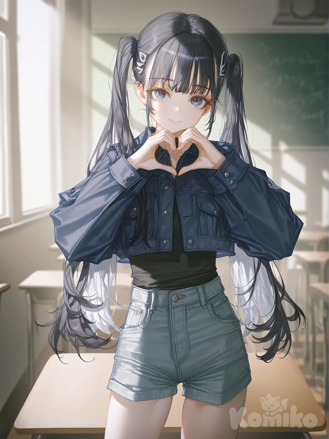 1girl, [soft-light-illustration-style], heart hands, cropped jacket, jeans shorts, twin tails, khaki, side light, classroom