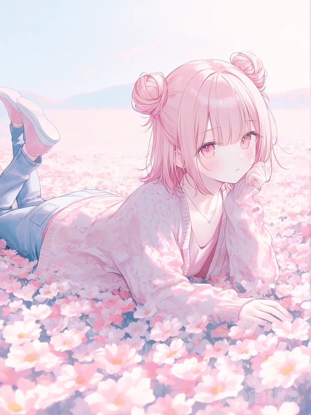 1girl, [soft-pastel-style], lie on stomach, knitted cardigan, jeans, necklace, double buns, pastel baby pink, depth of side light, flower , flower field