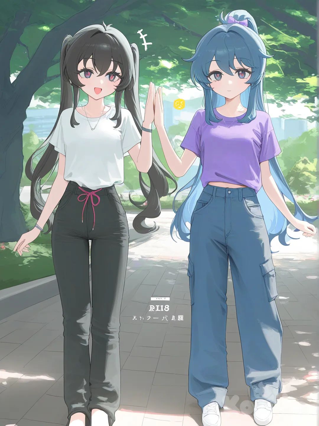 2girls, [vibrant-anime-style], high five, t-shirt, casual pants, pajama pants,purple crop top, jeans, bow tie, necklace, high ponytail, twin tails, klein blue, navy blue, side light, park