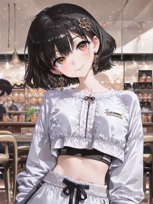 1girl, [high-gloss-illustration-style], smile, head tilt, crop top, sweat pants, hair accessory, earrings, tucked in as it looks like short curvy hair, blurred background, rim light, cafe, closeup,black hair
