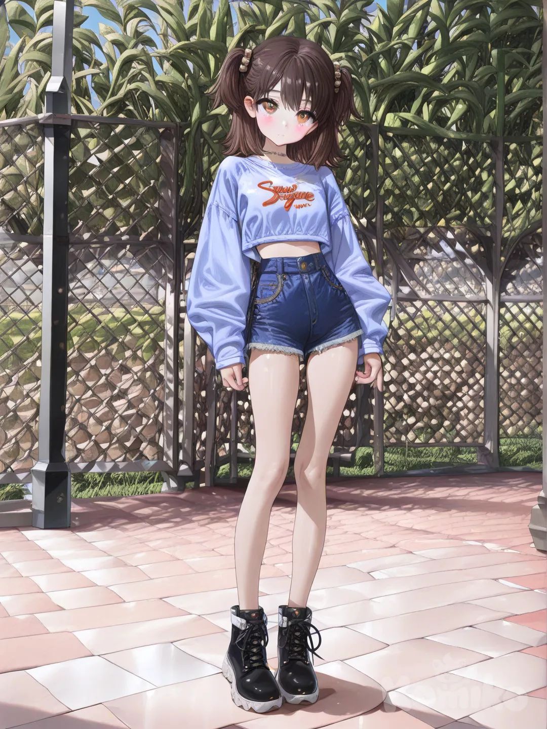 1girl, [high-gloss-illustration-style], looking at viewer, proud, light blue crop top, short jeans, hair accessory, brown hair, full body, rim light, park