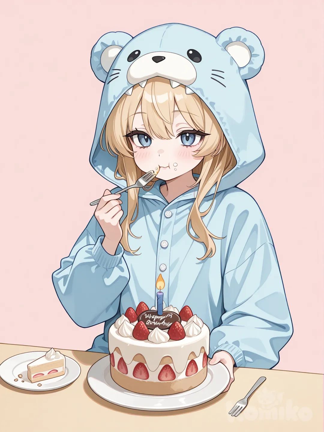 1 girl,blonde hair,eating,cake on a plate,holding a fork,pale blue onesie,sitting down,crumbs,crumbs on face,with candle