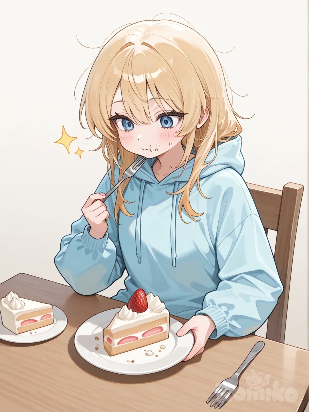 1 girl,blonde hair,eating,cake on a plate,holding a fork,pale blue onesie,sitting down,crumbs,crumbs on face