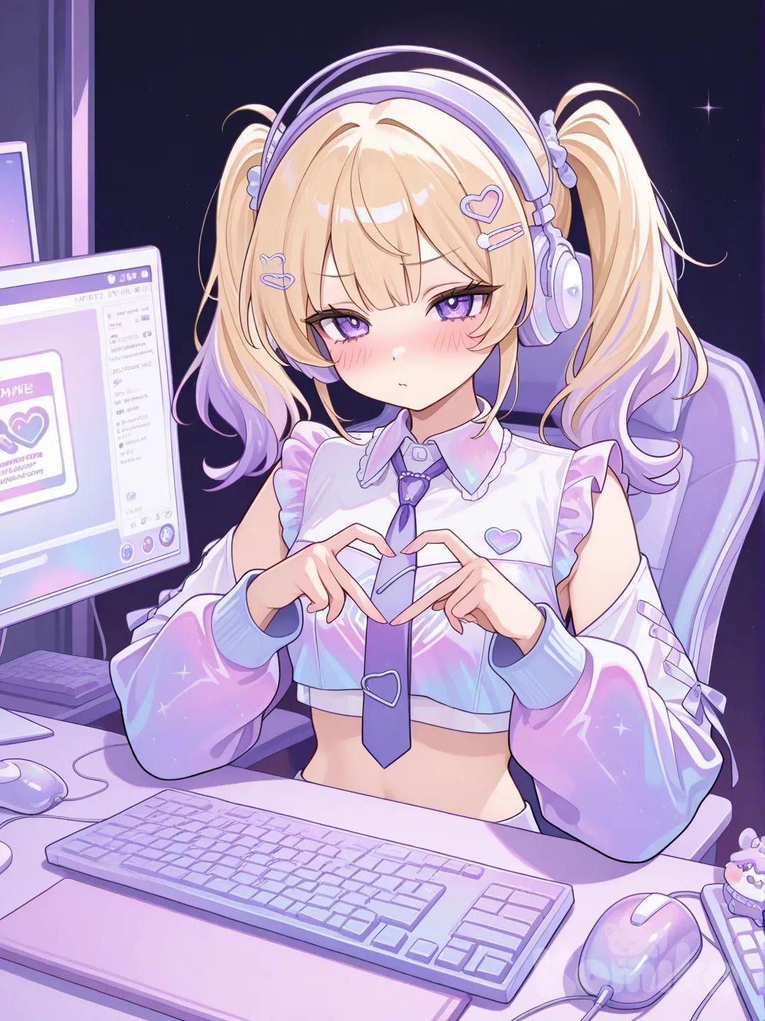 1 girl,typing,computer, computer keyboard, computer mouse, headphones, heart hand,blush,blonde hair,2 high ponytails,tie dye blue and purple crop top